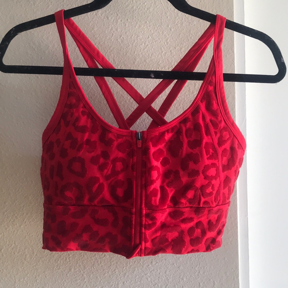 Balance Athletica Vitality Revive Zip Up Crop Leopard Bra Red Medium M